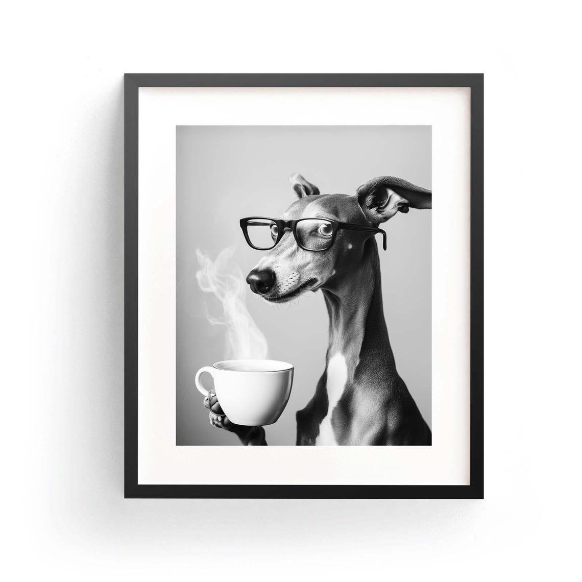 Greyhound with Glasses Holding Steaming Coffee Cup Funny Poster
