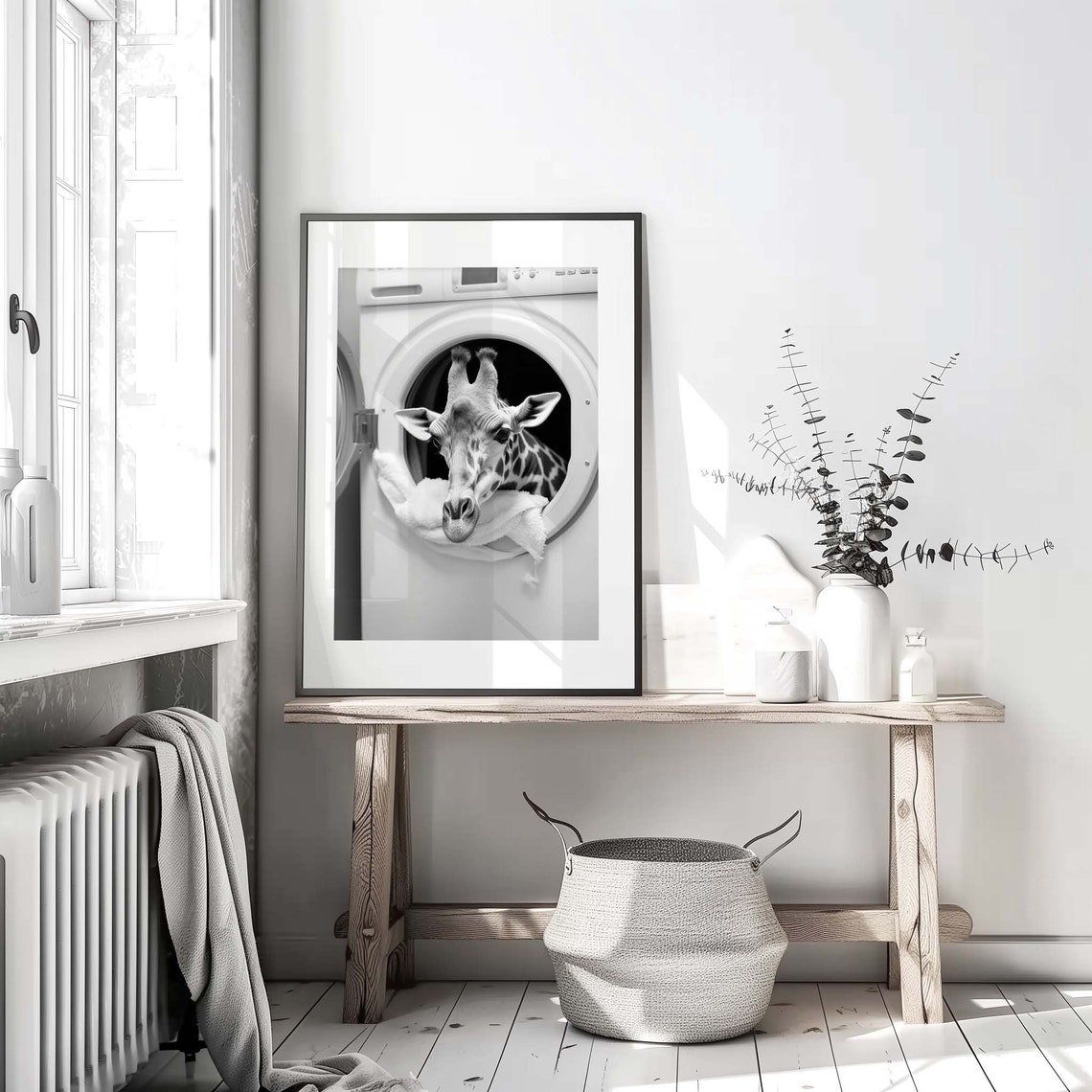 Funny Giraffe Peeking Out Of Washing Machine Black White Poster - Image 2