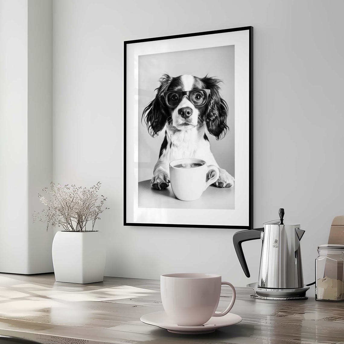 Black And White Springer Spaniel Puppy With Glasses And Coffee Poster - Image 3