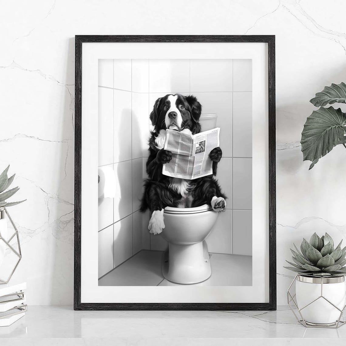 Bernese Mountain Dog Reading Newspaper On Toilet Funny Poster - Image 2