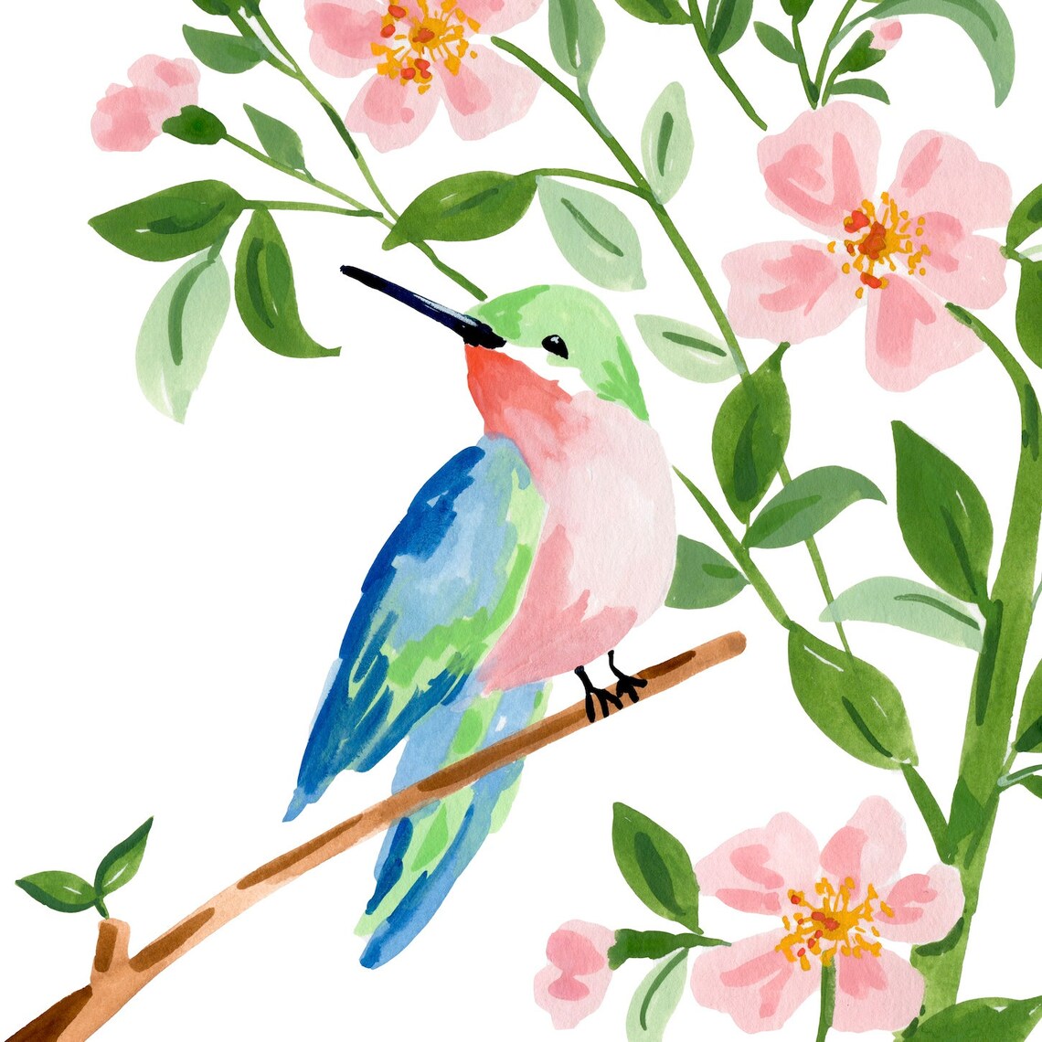 Hummingbird Watercolor Art Print, Floral Decor