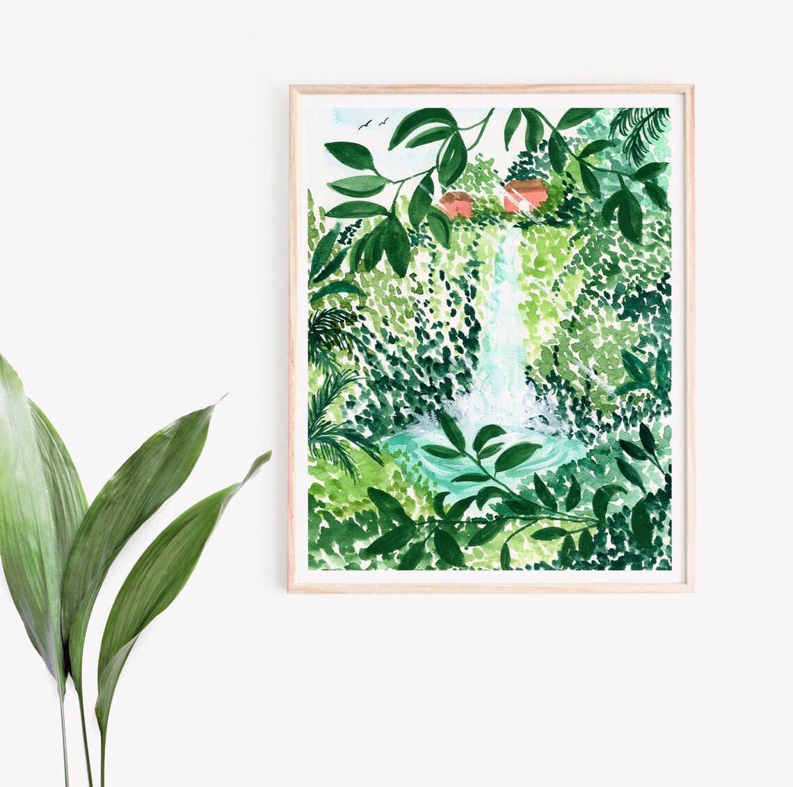 Peaceful Waterfall Art Print, Zen Botanical Landscape - Image 2