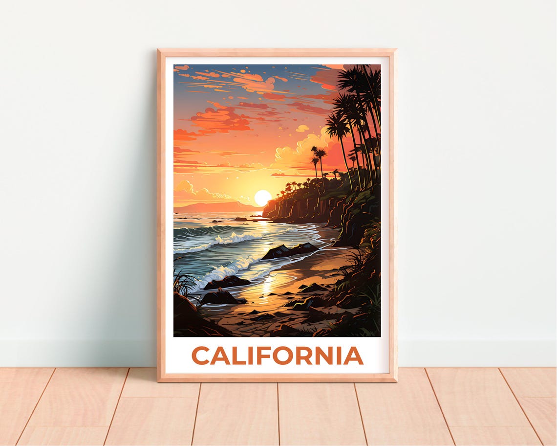 California Southern Beach Sunset Palm Cliffs Ocean Waves Travel Poster - Image 4