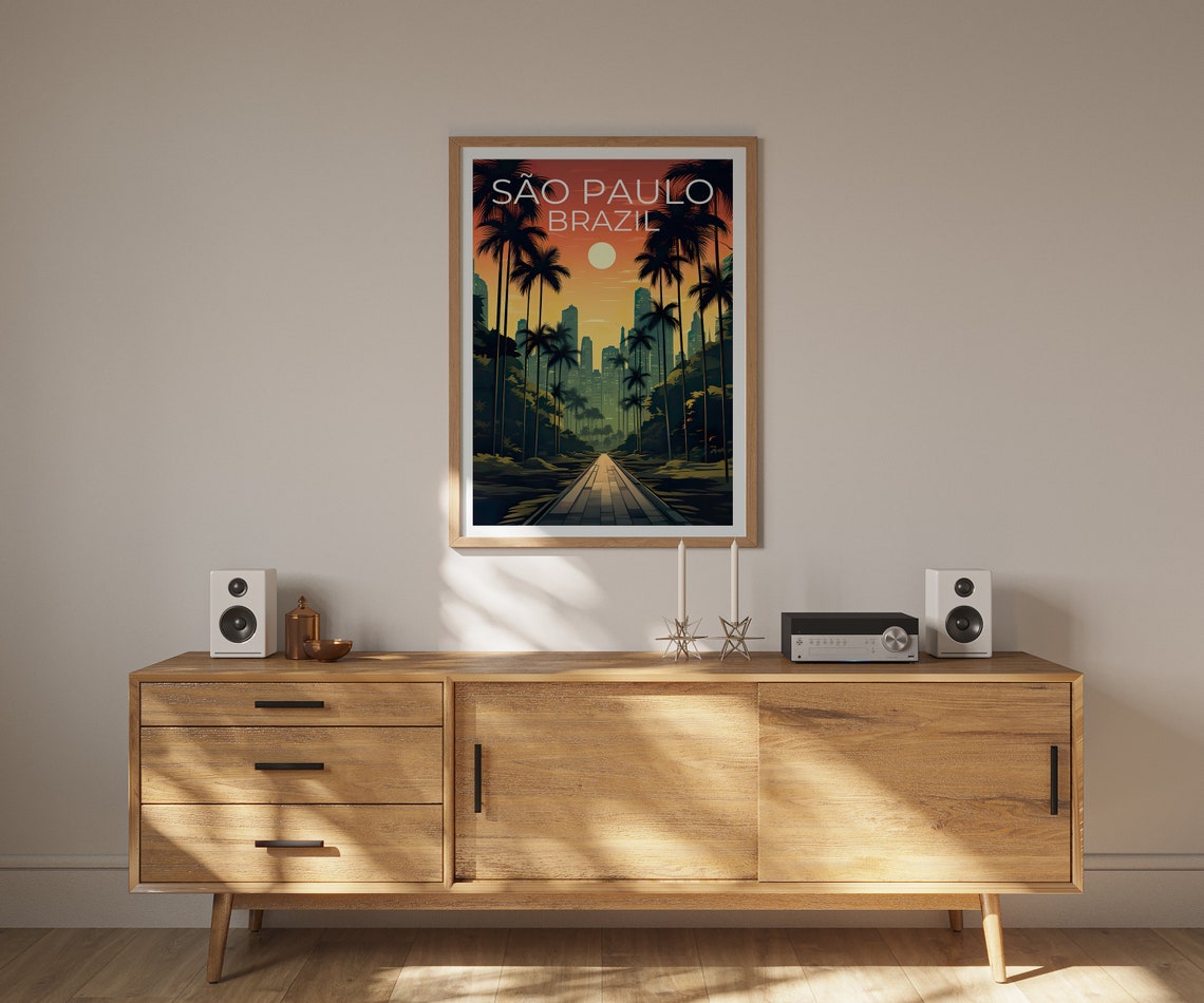 Sao Paulo Brazil Skyline Sunset Palm Avenue Retro Travel Poster - Image 2
