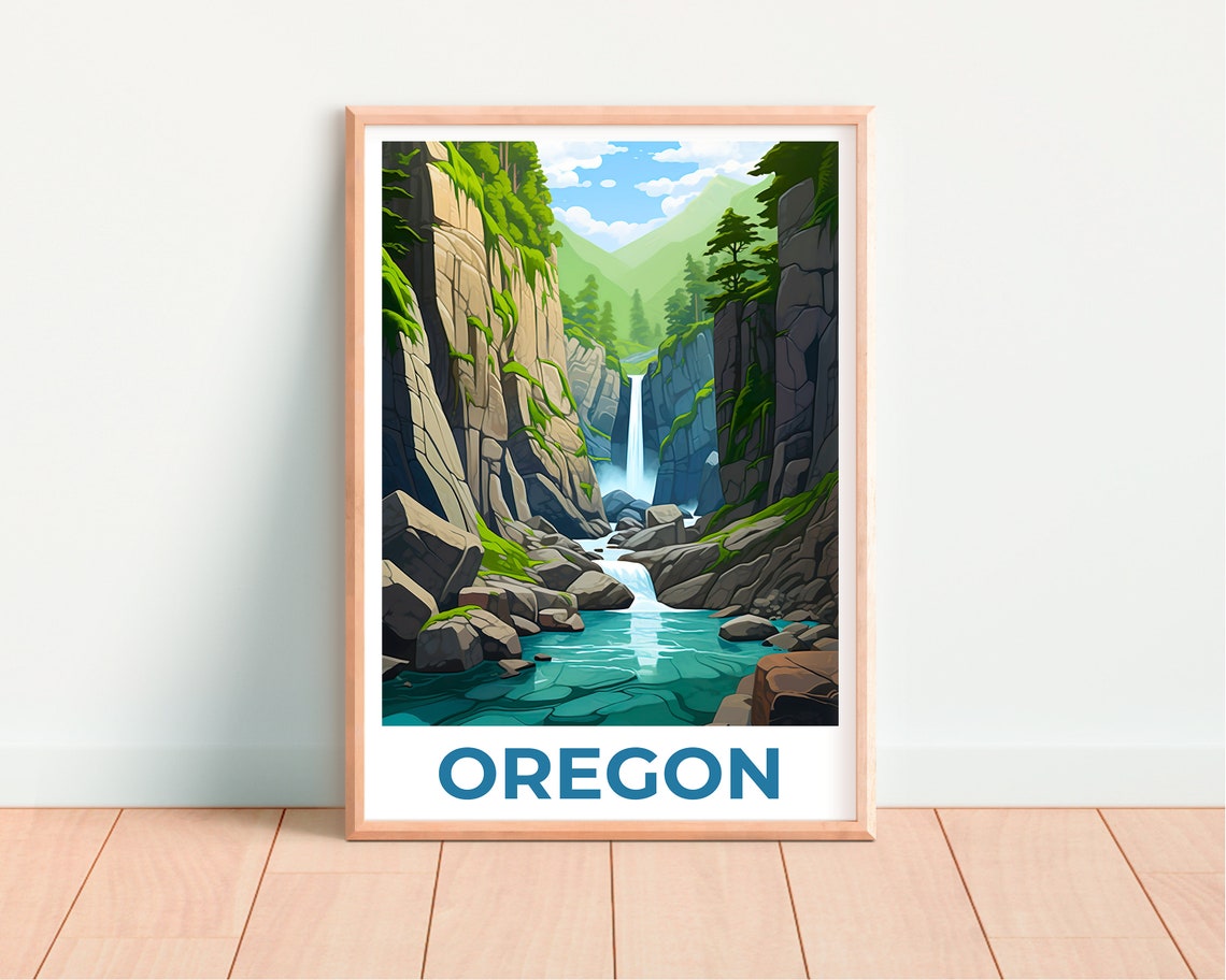 Oregon Gorge Waterfall Mossy Cliffs Turquoise Pool View Poster - Image 4
