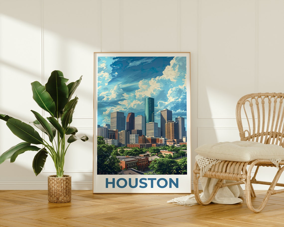 Houston Texas Downtown Skyline Daytime Clouds Urban View Travel Poster - Image 2