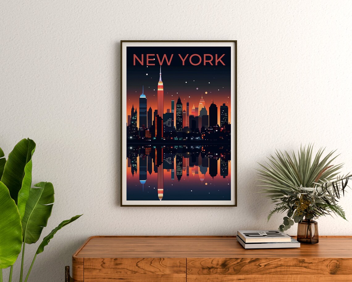 New York City Manhattan Skyline Night Lights Reflection Art Poster - Image 3