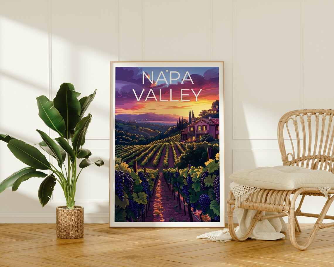 Napa Valley California Vineyard Rows Sunset Wine Country Travel Poster - Image 2