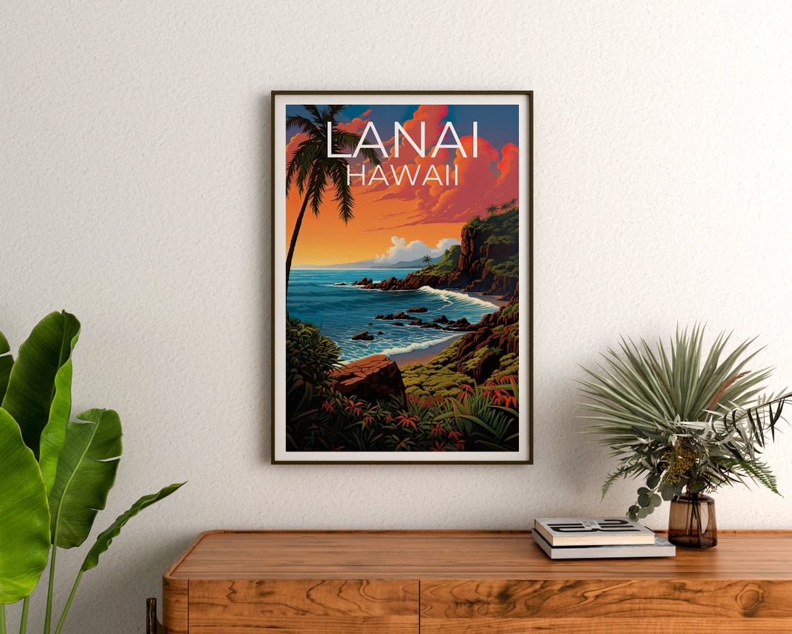 Lanai Hawaii Volcanic Rocky Coastline Sunset Surf View Travel Poster - Image 3