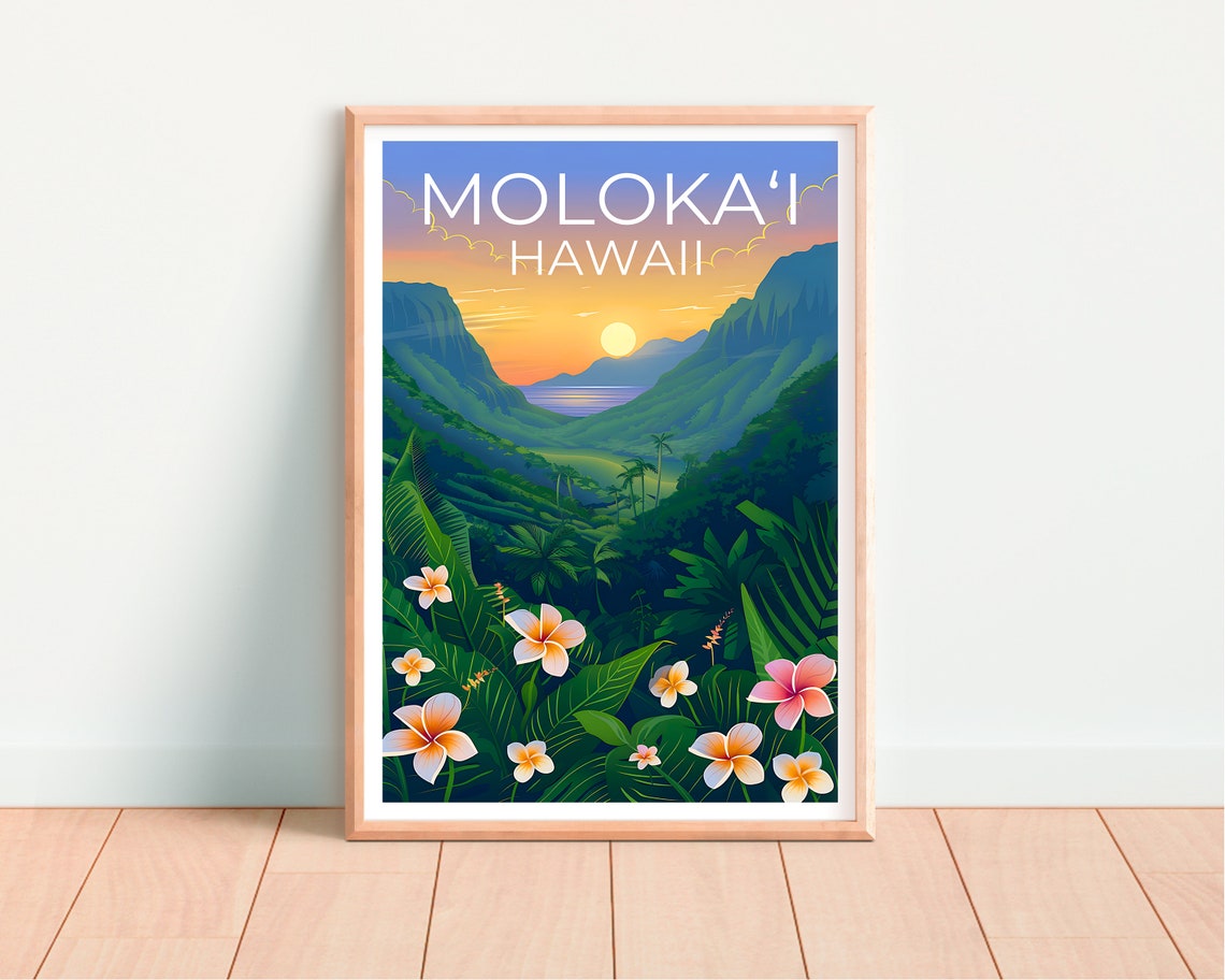 Molokai Hawaii Lush Green Valley Cliffs Plumeria Sunset Poster - Image 4