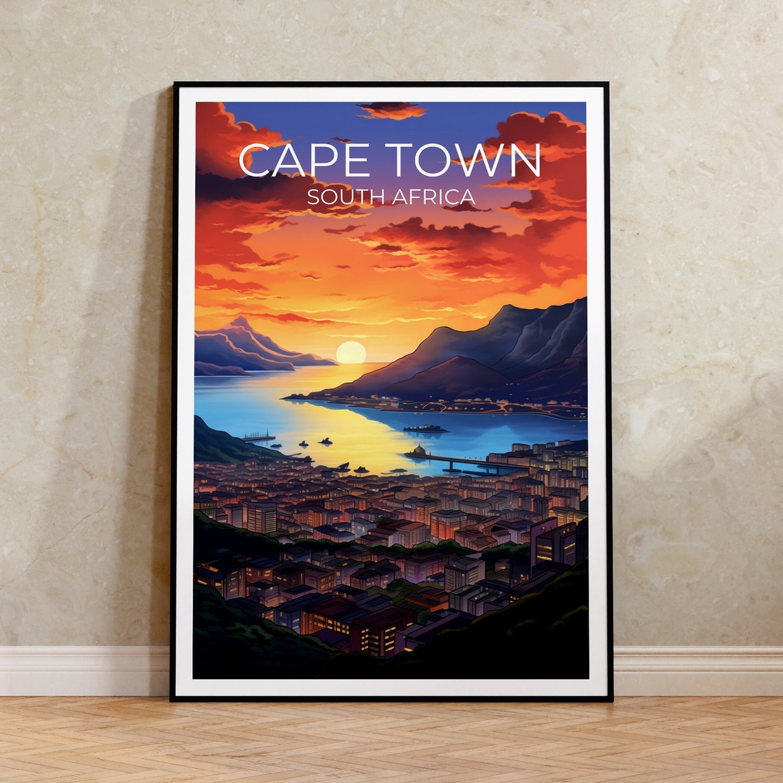 Cape Town South Africa Bay Sunset Table Mountain Harbor Lights Poster