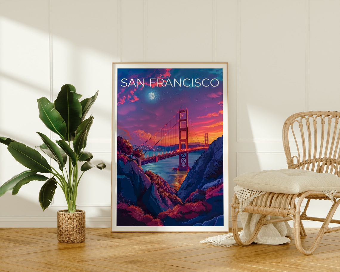 San Francisco Golden Gate Bridge Sunset Moonrise Bay Travel Poster - Image 2