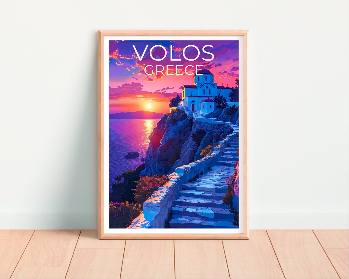 Volos Greece White Cliff Church Sunset Stairs Aegean Sea View Poster - Image 4