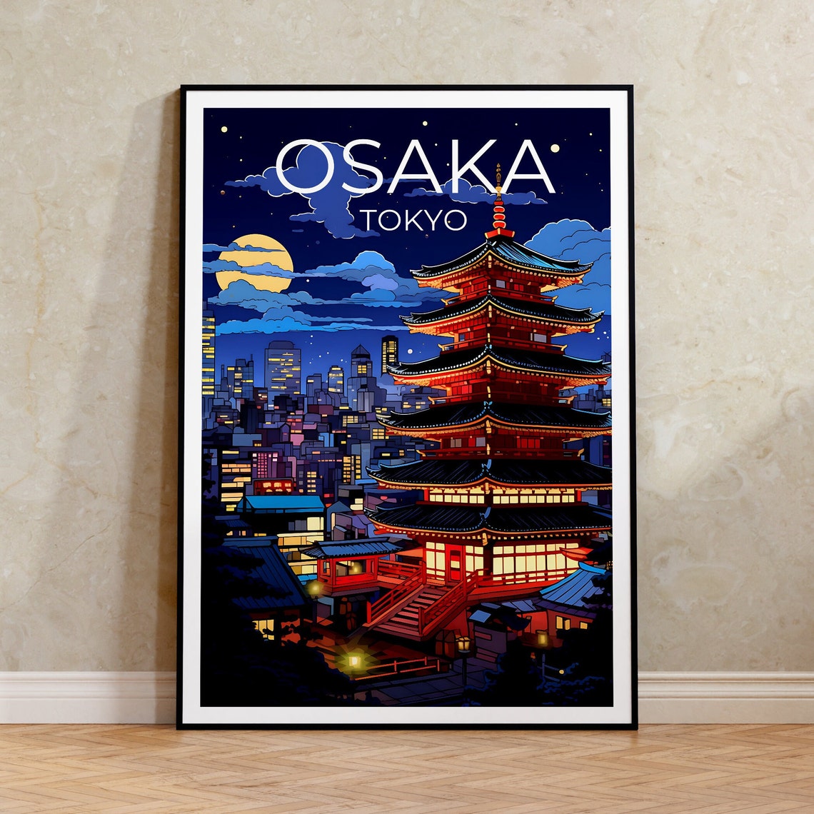 Osaka Japan Five Story Pagoda Night Skyline Moon View Poster
