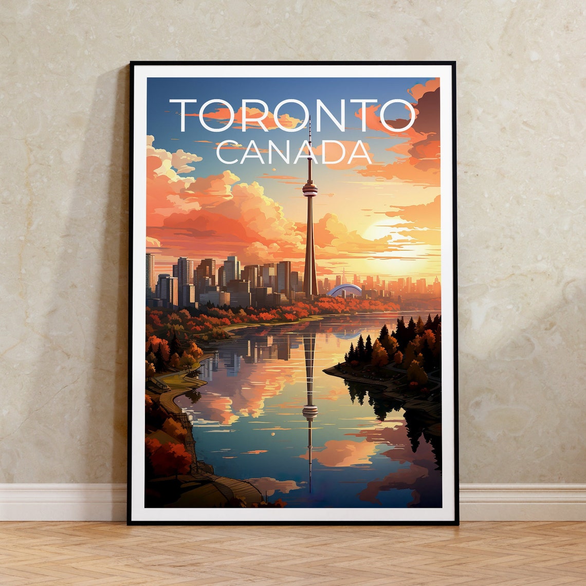 Toronto Canada CN Tower Skyline Sunset Lake Reflection Travel Poster