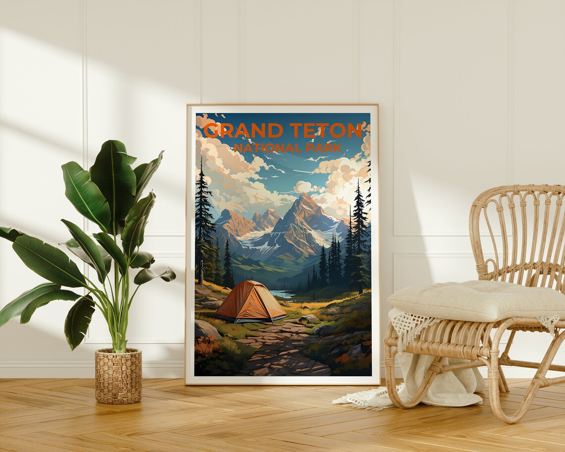 Grand Teton National Park Camp Tent Peaks Lake Sunrise Mountain Poster - Image 2