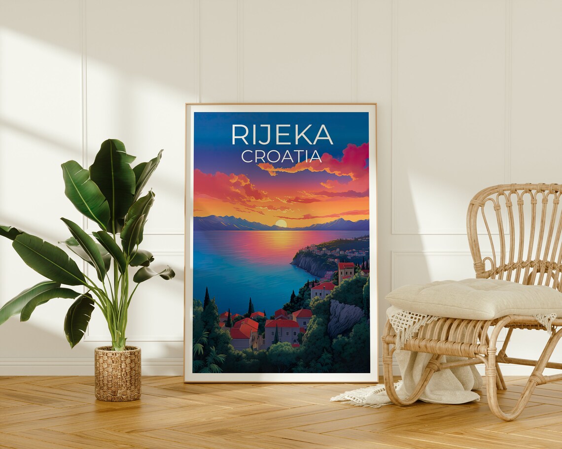 Rijeka Croatia Coastal Town Sunset Bay Red Roof Houses Travel Poster - Image 2