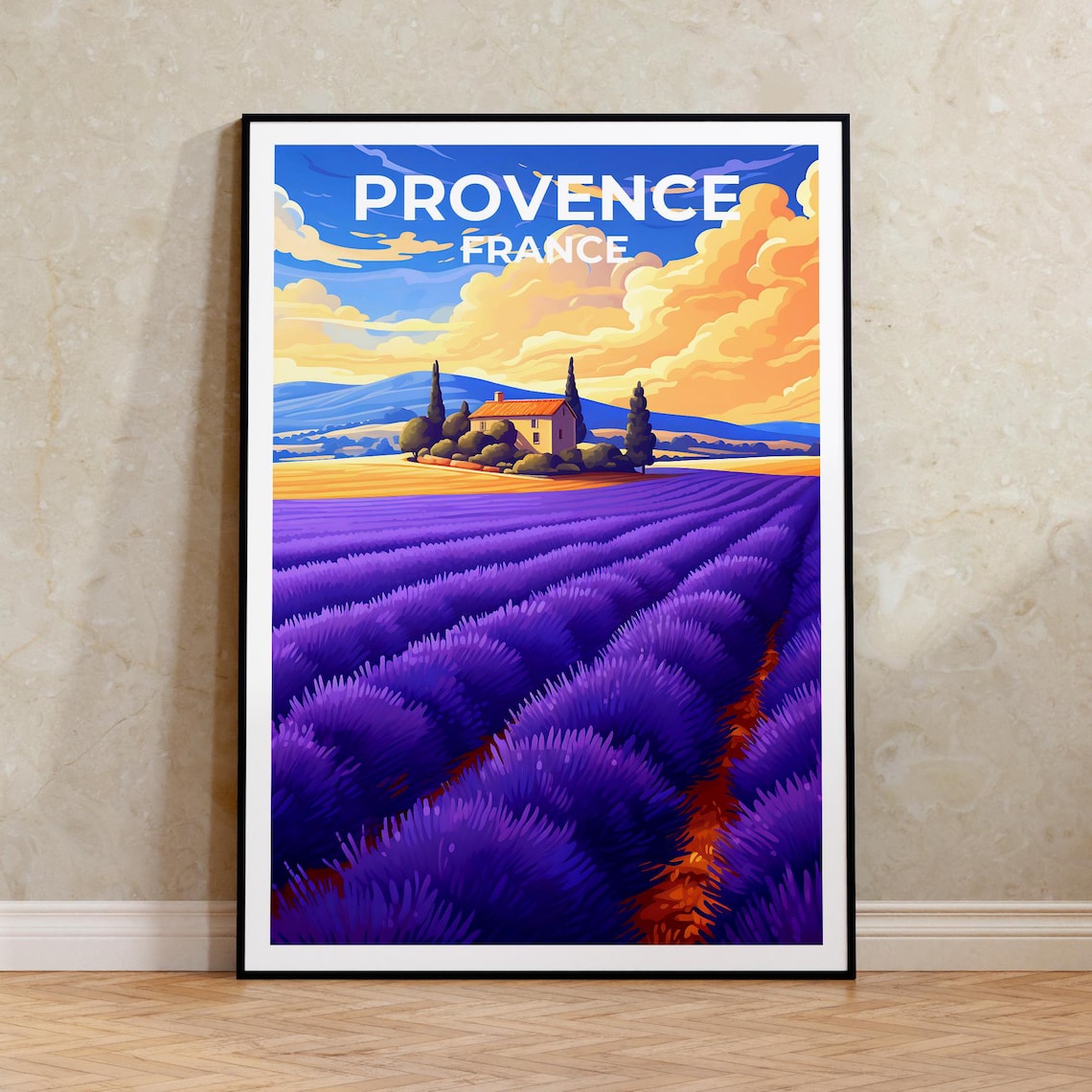 Provence France Lavender Fields Farmhouse Sunset Travel Poster