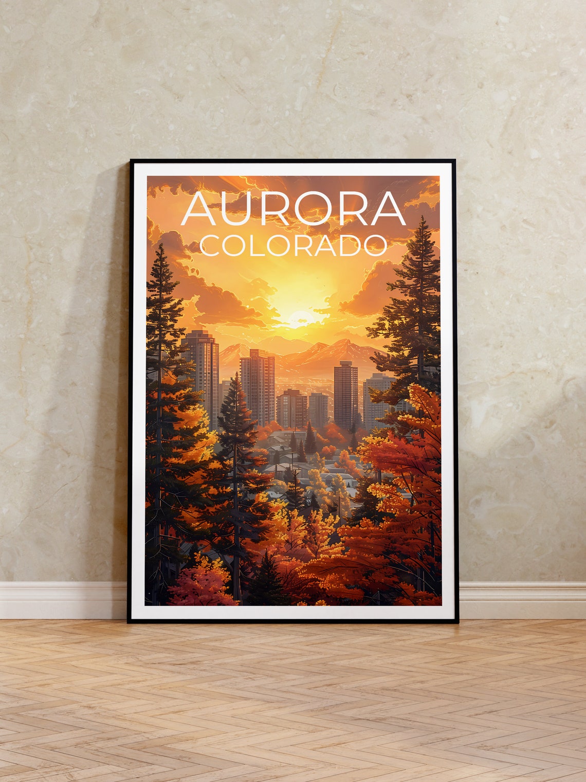 Aurora Colorado City Skyline Sunset Pines Autumn View Travel Poster
