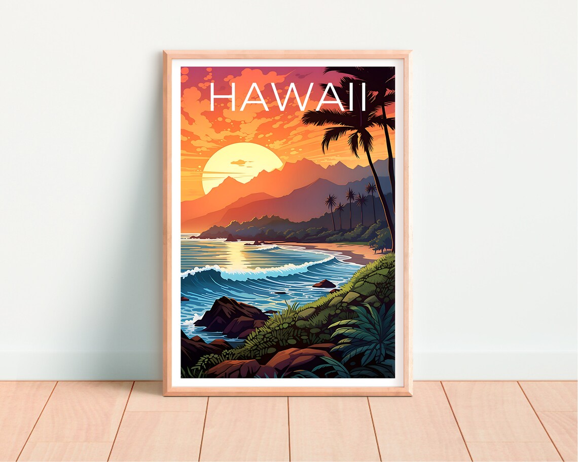 Hawaii Island Sunset Coastline Palm Silhouettes Vintage Travel Poster - Image 4