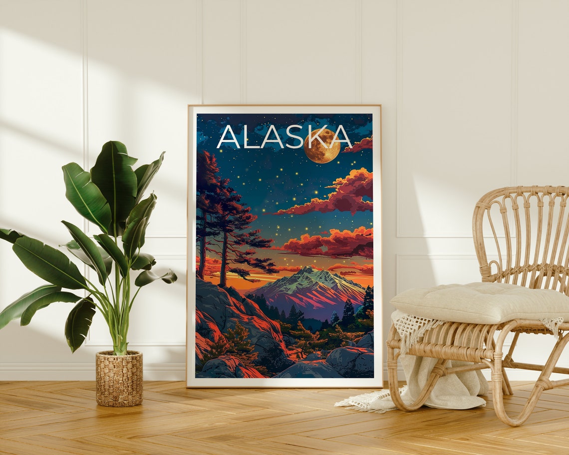 Alaska Full Moon Mountain Wilderness Night Lights Travel Poster - Image 2