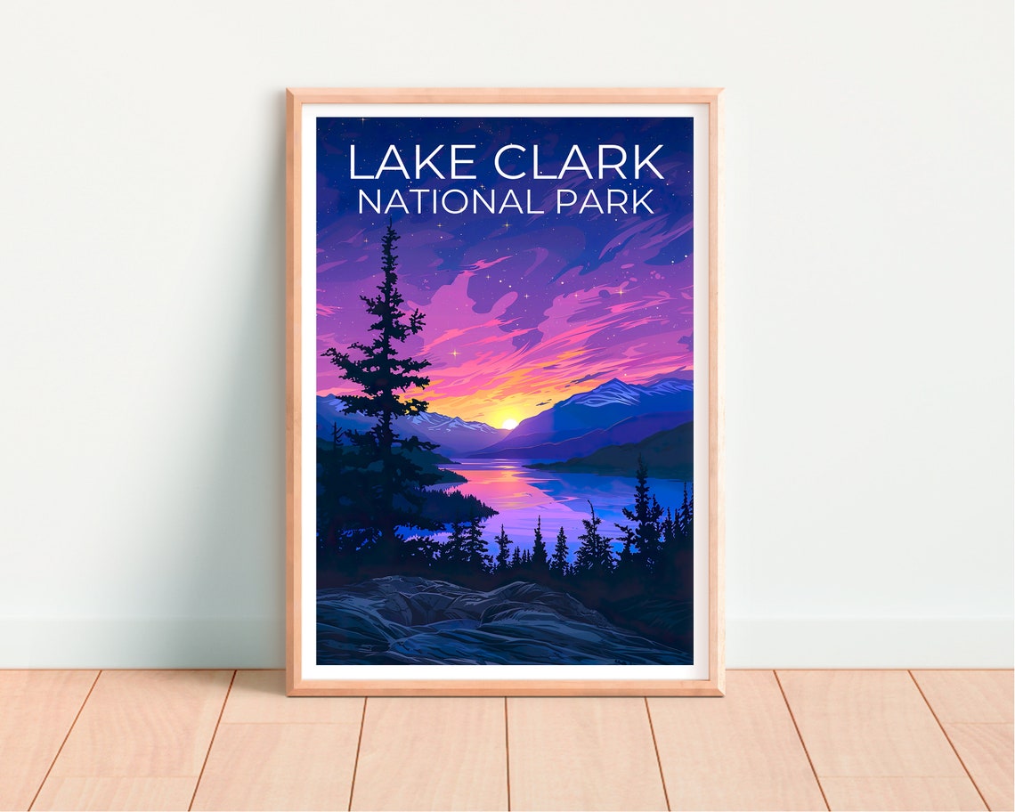 Lake Clark National Park Alaska Sunset Lake Pines Starry Sky Poster - Image 4