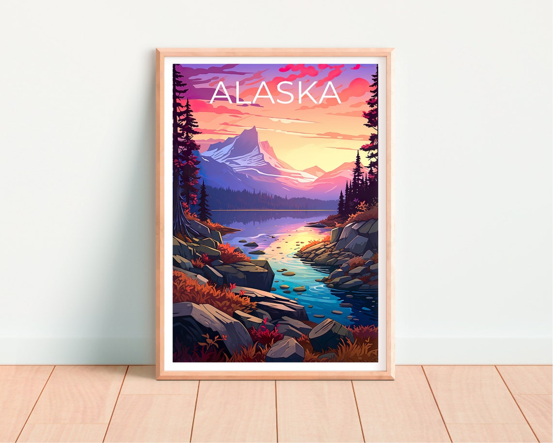 Alaska Snowy Peak Sunrise Lake Pink Sky Rocky Shore View Travel Poster - Image 4