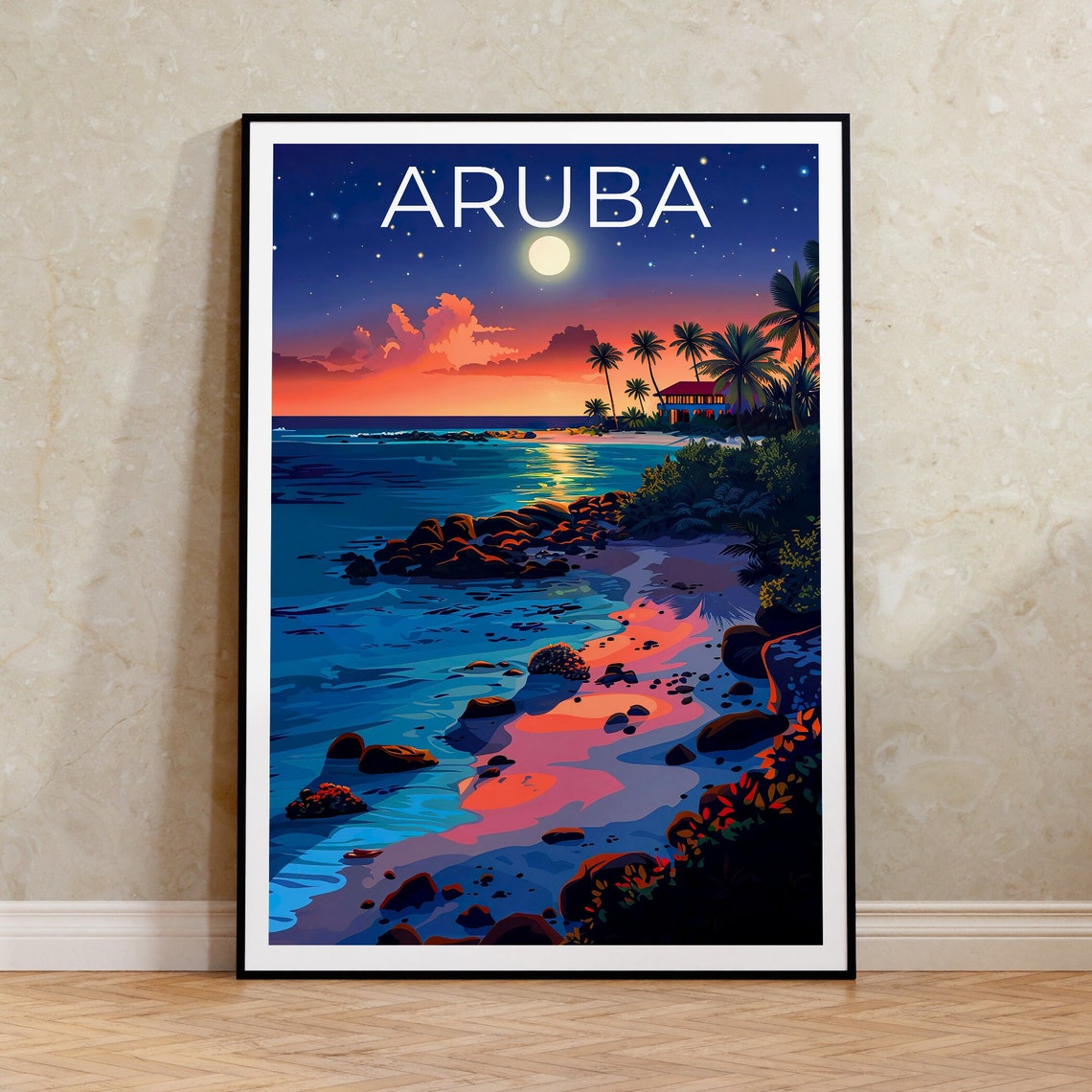 Aruba Moonlit Beach Palm Trees Rocky Shore Night View Travel Poster