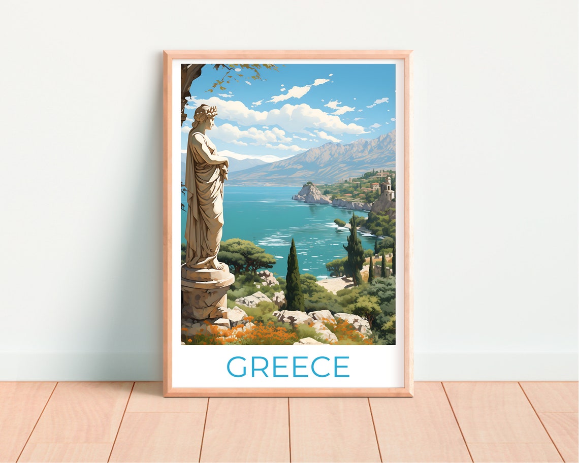 Greece Classical Statue Turquoise Coast Cypress Hillside View Poster - Image 4