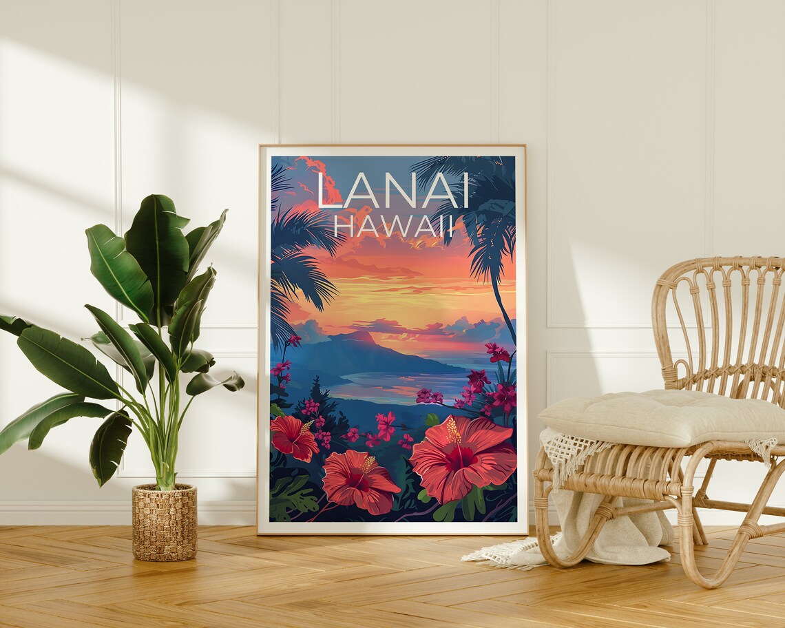 Lanai Hawaii Tropical Sunset Palm Hibiscus Island Ocean Poster - Image 2