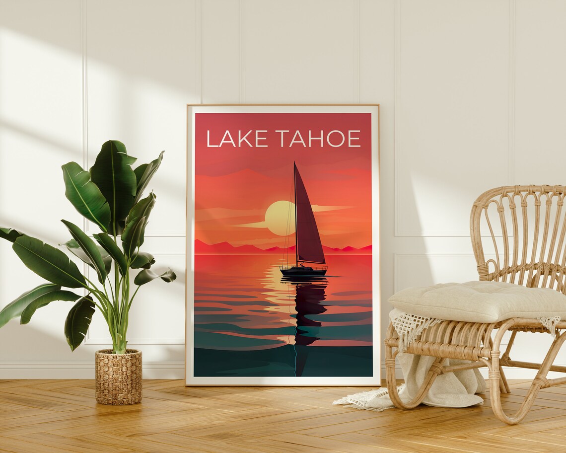Lake Tahoe Sunset Sailboat Orange Sky Calm Lake Vintage Travel Poster - Image 2