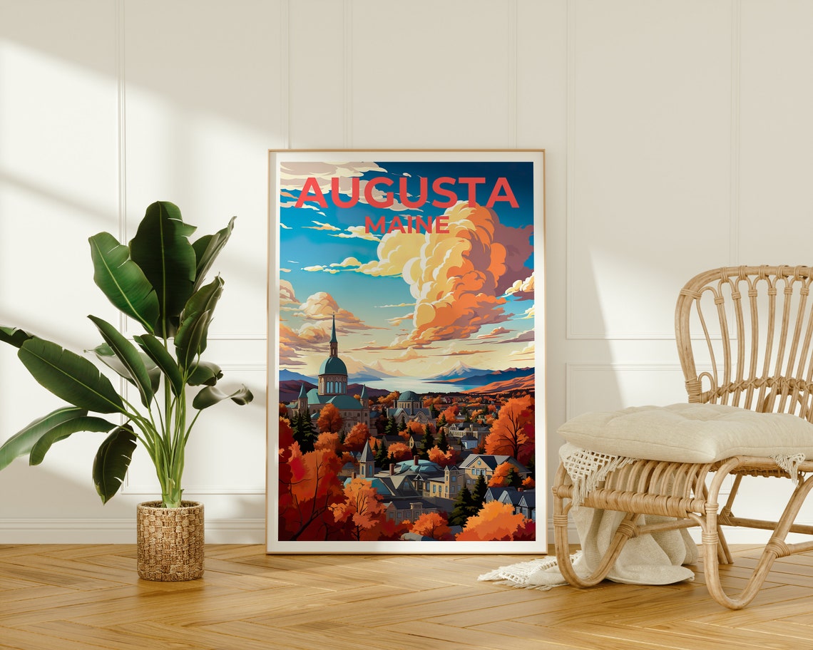Augusta Maine Autumn Cityscape Domed Church Fall Foliage Travel Poster - Image 2