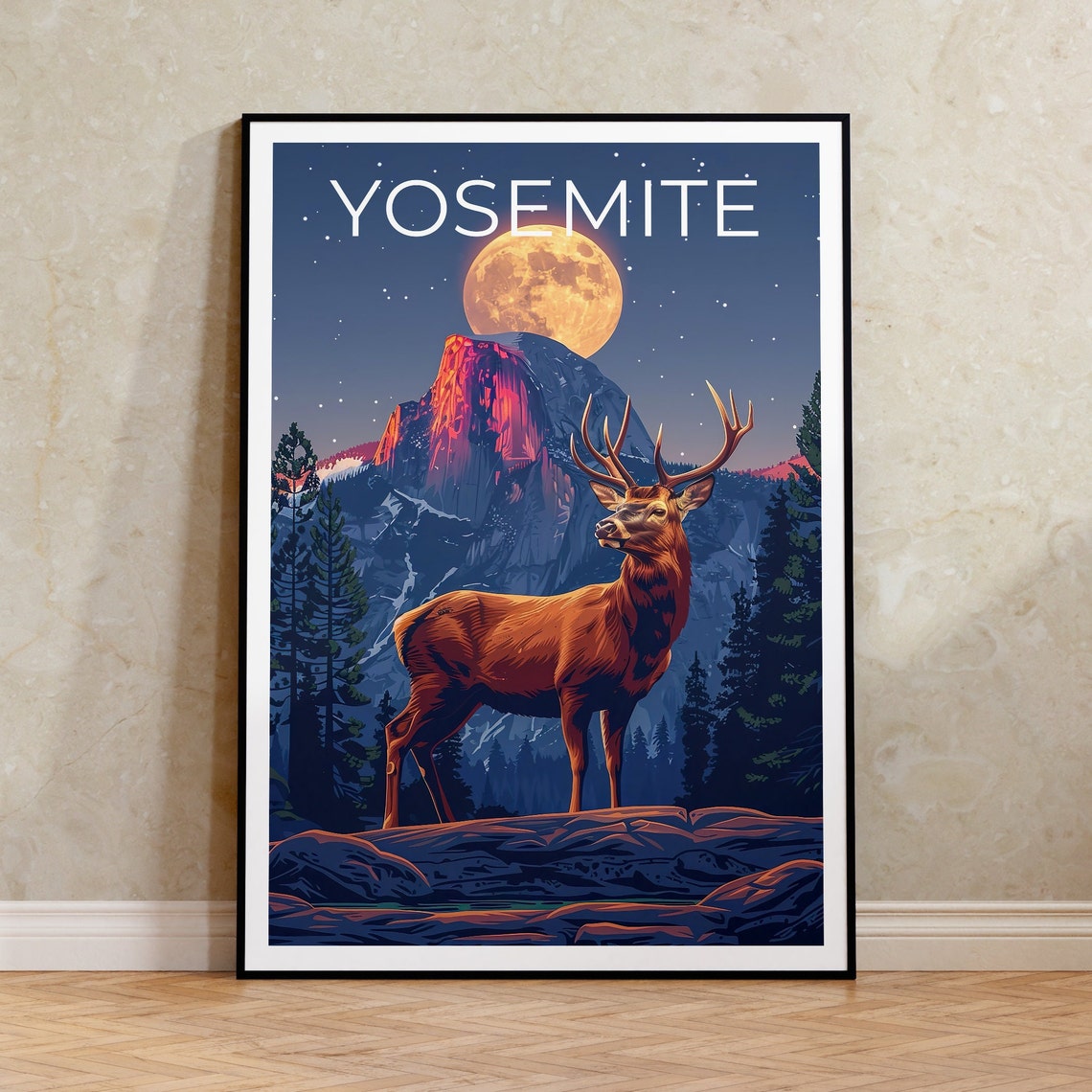 Yosemite Elk Full Moon Night Half Dome Mountain Scene Poster