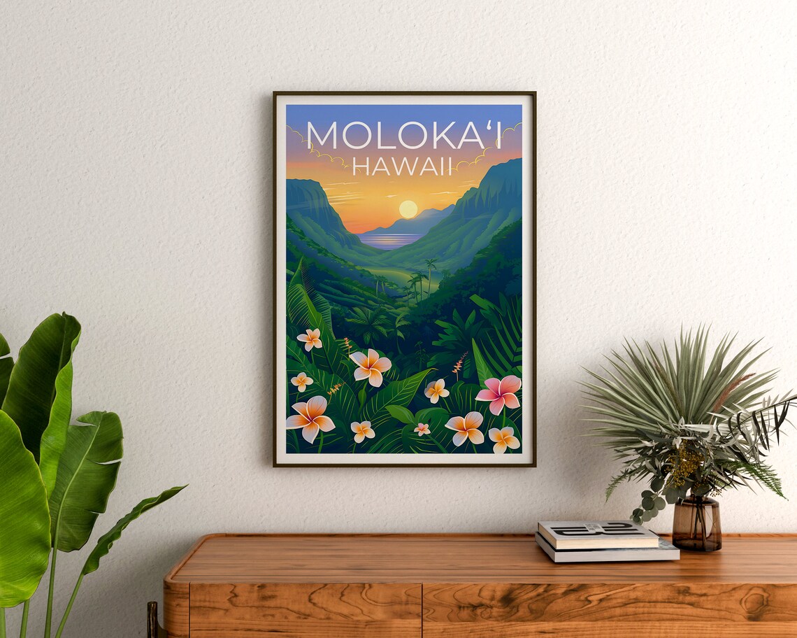 Molokai Hawaii Lush Green Valley Cliffs Plumeria Sunset Poster - Image 3