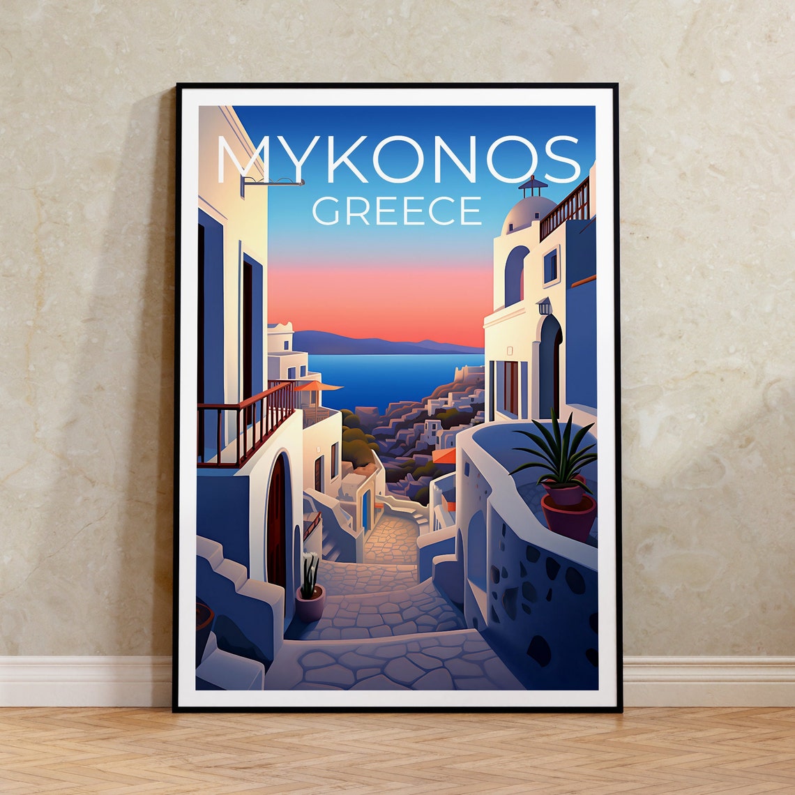 Mykonos Greece Whitewashed Streets Sunset Aegean Sea View Poster