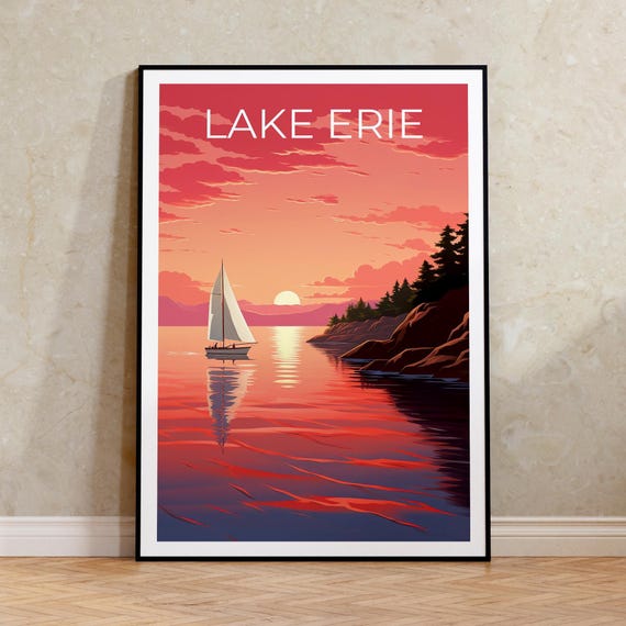 Lake Erie Travel Print Michigan Poster Great Lakes Wall Art Coast Illustration Home Decor Birthday Gift