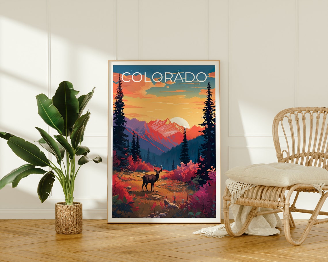Colorado Deer Autumn Meadow Sunset Rocky Mountain View Poster - Image 2