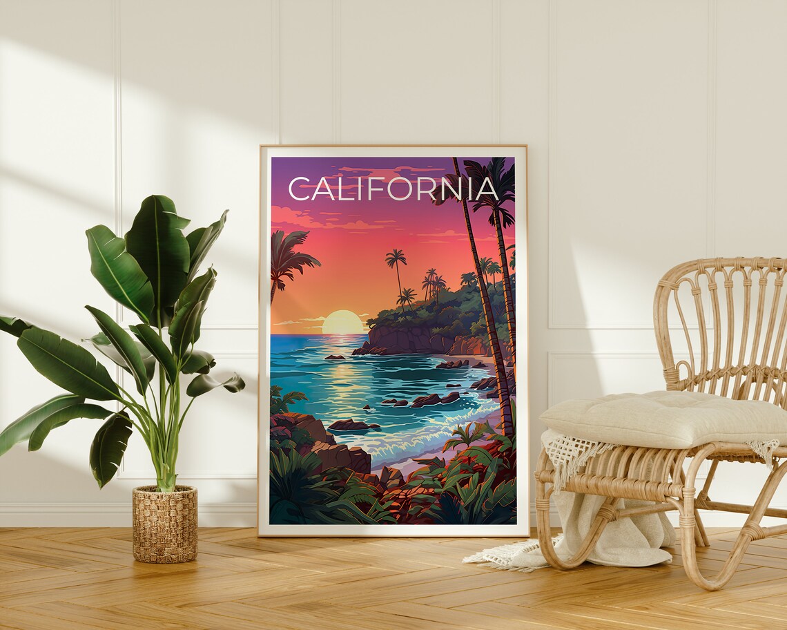 California Rocky Cove Sunset Palm Trees Ocean Waves View Poster - Image 2