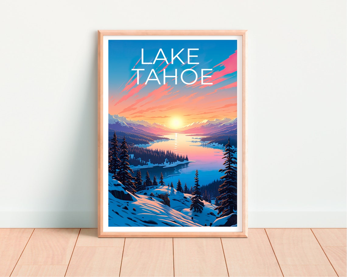 Lake Tahoe Sunset Winter Snowy Lakeshore Evergreen View Travel Poster - Image 4
