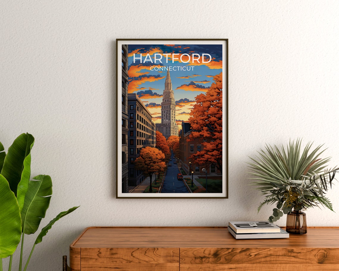 Hartford Connecticut Clock Tower Autumn Street Sunset View Poster - Image 3