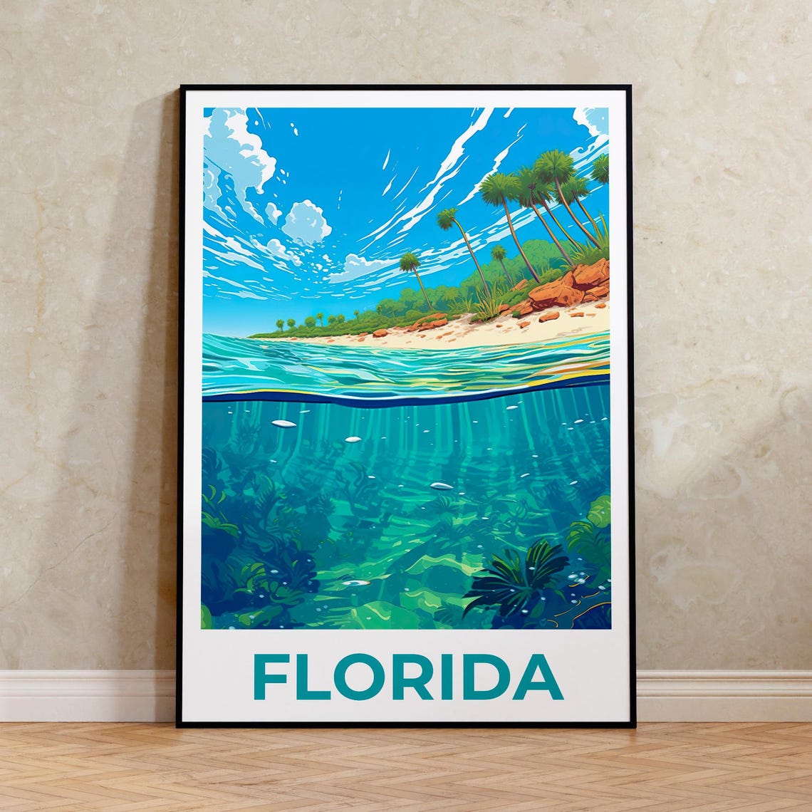 Florida Beach and Underwater Scene Split View Tropical Travel Poster