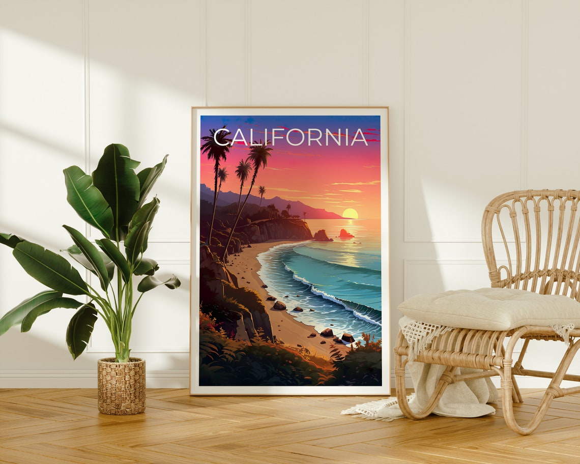 California Coast Beach Sunset Palms Cliffs Turquoise Waves Art Poster - Image 2