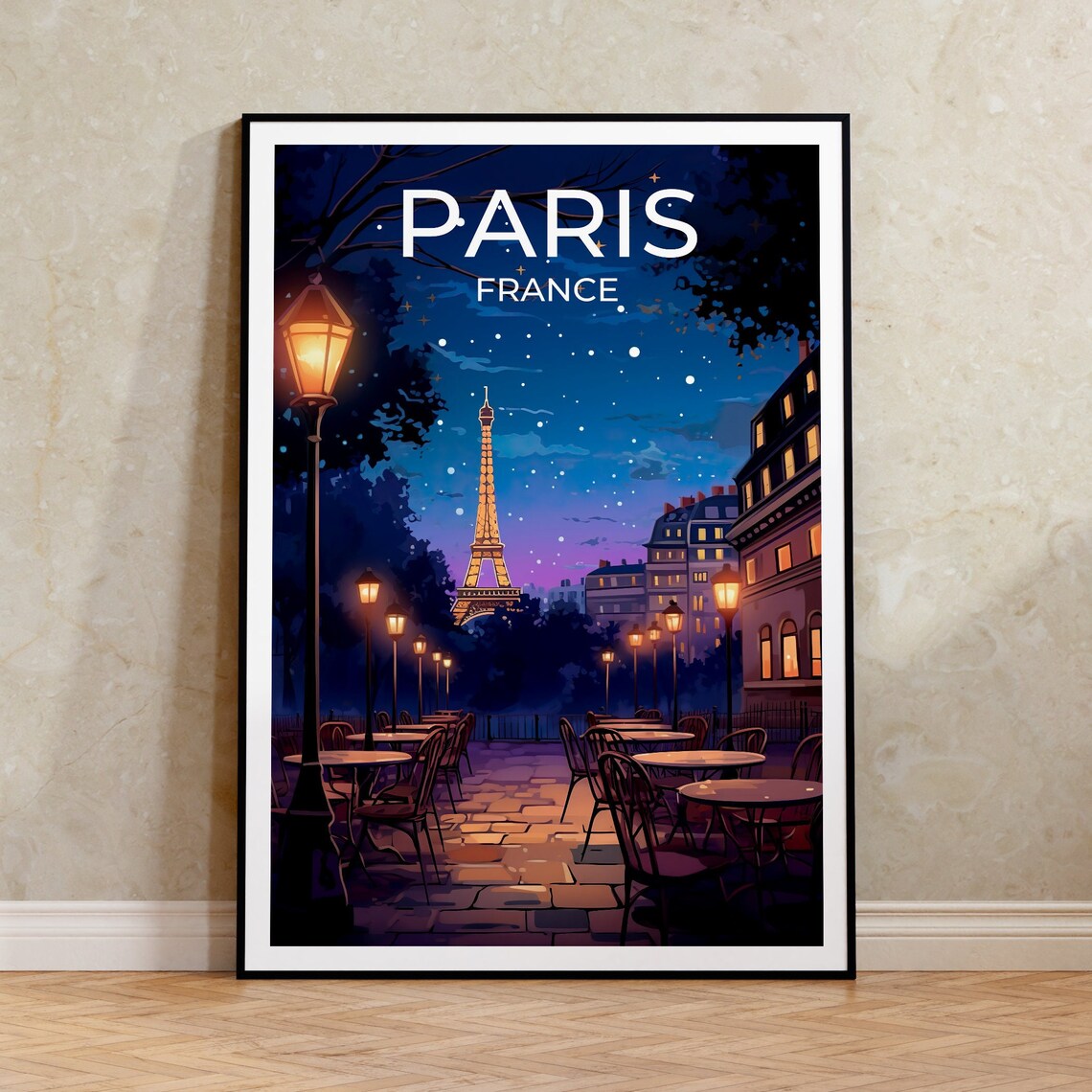 Paris at Night Eiffel Tower Travel Poster, Europe