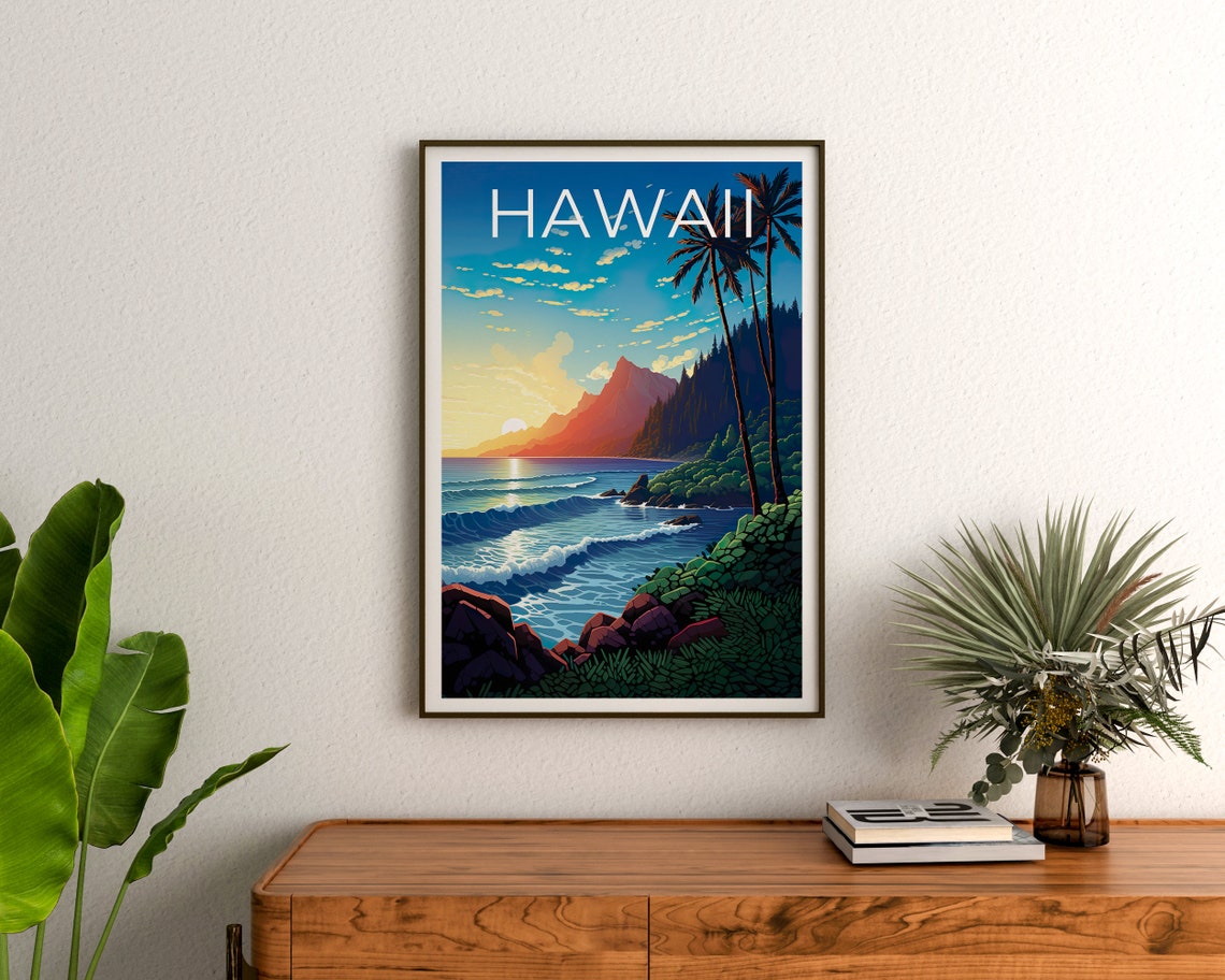 Hawaii Beach Palm Trees Sunset Waves Mountain Coastline Travel Poster - Image 3
