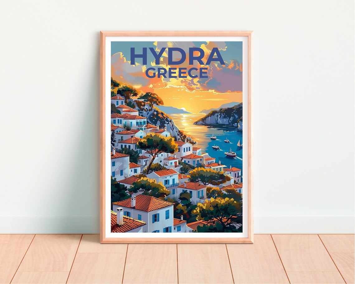 Hydra Greece Harbor Sunset White Houses Boats Bay View Poster - Image 4
