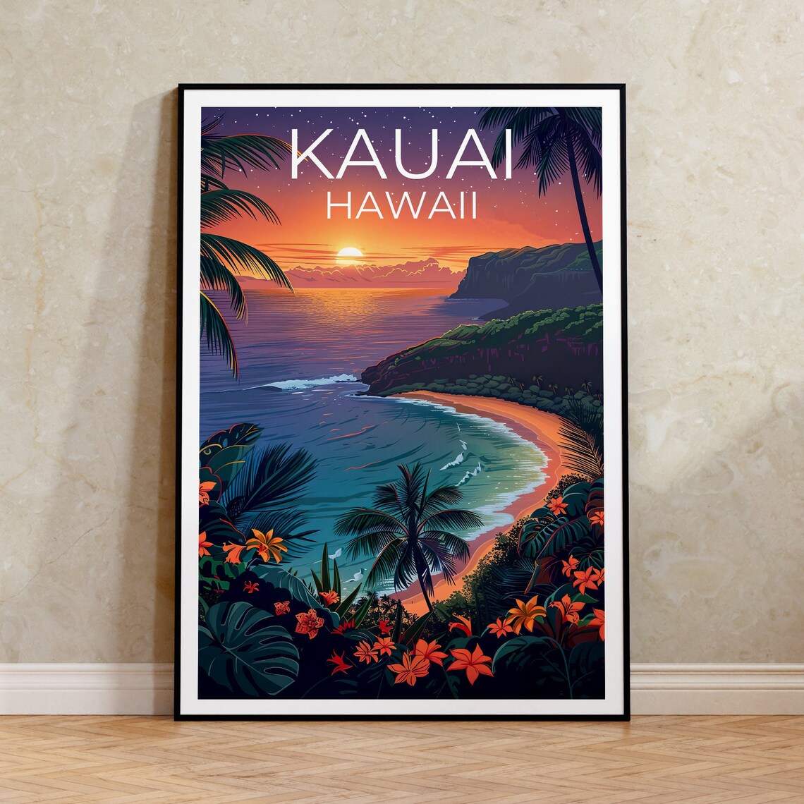 Kauai Hawaii Tropical Bay Sunset Palm Trees Flowers Travel Poster