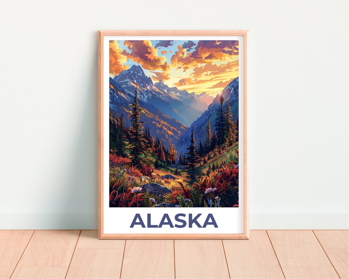 Alaska Mountain Valley Sunset Pines Wildflowers Rugged Travel Poster - Image 4