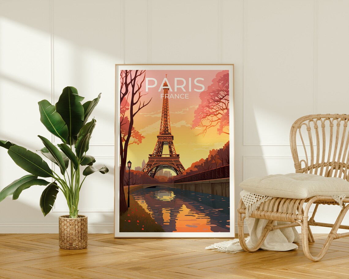 Paris France Eiffel Tower Seine Golden Hour River View Travel Poster - Image 2
