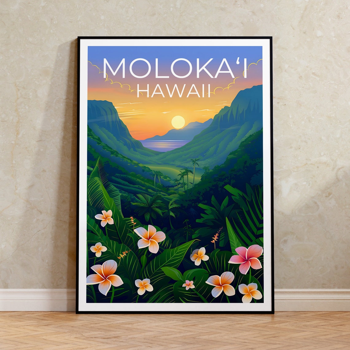Molokai Hawaii Lush Green Valley Cliffs Plumeria Sunset Poster
