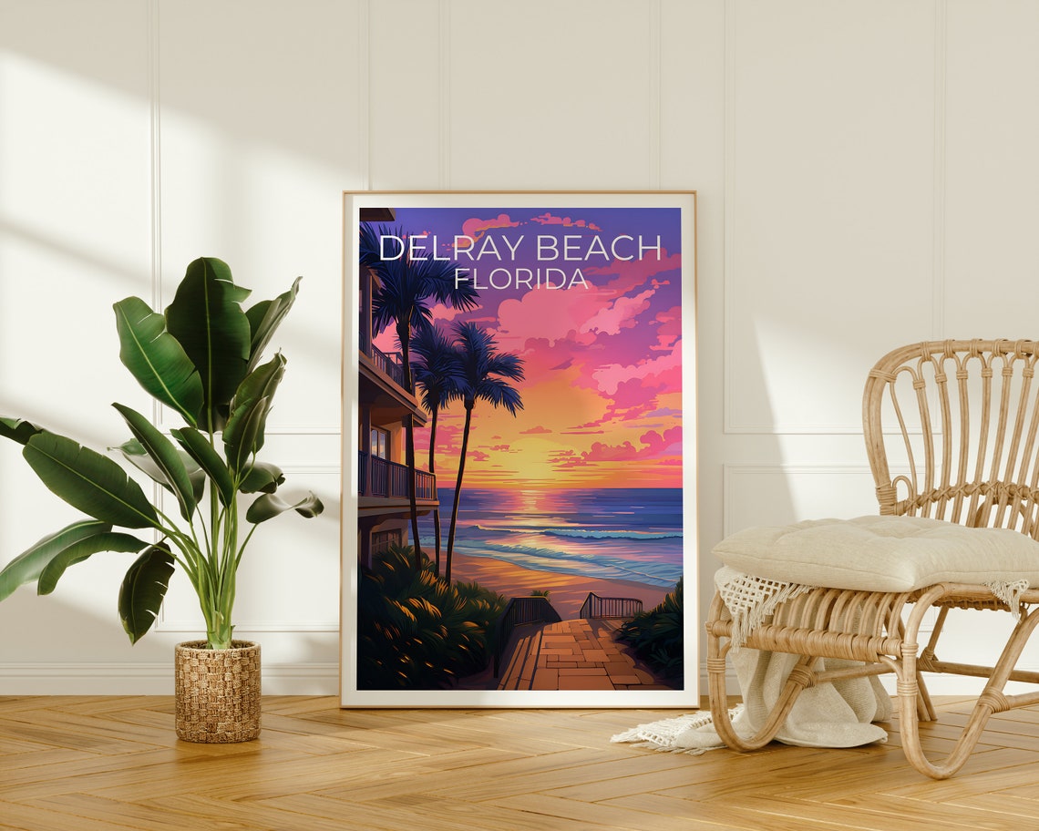 Delray Beach Florida Sunset Palms Ocean Waves Boardwalk View Poster - Image 2